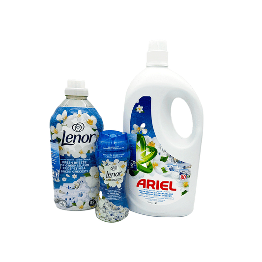 PROMO ARIEL DETERGENT LICHID 3.6L FRESH BREEZE 80 SPALARI+LENOR BALSAM RUFE 1.722L FRESH BREEZE 82 SPALARI+LENOR BALSAM RUFE PERLE 195G FRESH BREEZE